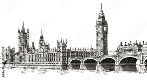 iconic london houses of parliament and big ben architectural sketch illustration a historic british landmark on the river thames.