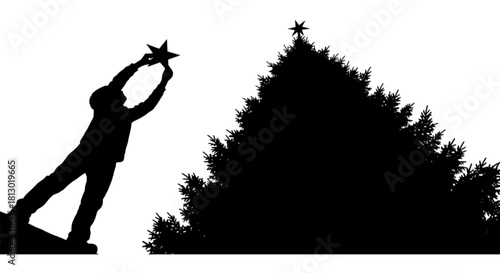 Black silhouette of a person placing a star atop a Christmas tree.