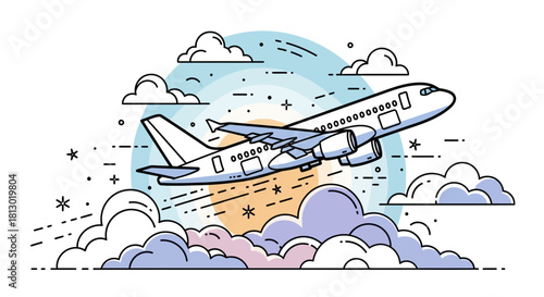 line art airplane ascending into a stylized sky with abstract clouds and motion lines perfect for travel and aviation concepts.