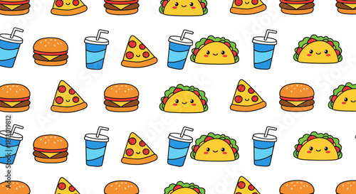 kawaii seamless fast food pattern featuring happy burgers pizza soda and tacos a cheerful background for kids menus branding textiles.