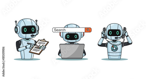 light blue cartoon ai robots illustrating various business functions data analysis internet search and dedicated customer support services.
