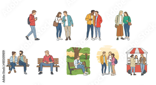 line art diverse people walking talking and relaxing in urban parks depicting modern daily life and social interactions.