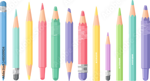 Colorful Pencils Array on White Background Bright Artistic Drawing Supplies