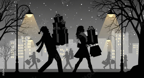 Silhouette of a couple carrying many Christmas presents home at night.
