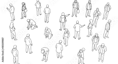 line art human figures in diverse isometric poses a top-down collection perfect for architectural floor plans and graphic design.