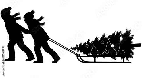 Silhouette of two children pulling a decorated Christmas tree on a sled.