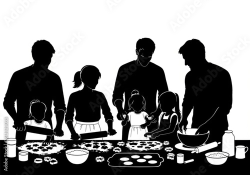 Silhouette of a large family with parents and children baking together.