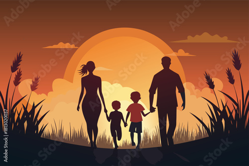 Family silhouette walking into a warm sunset, perfect for conveying togetherness, love, and happy moments in travel, lifestyle, or family-oriented projects