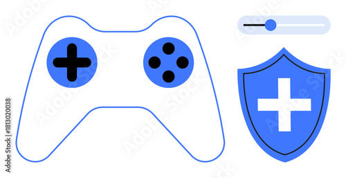 Blue and white gaming controller, shield with cross, and slider bar symbolizing security in games. Ideal for gaming, protection, digital safety, cybersecurity, entertainment, esport or parental