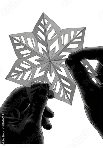 Silhouette of two hands holding a delicate handmade paper snowflake.