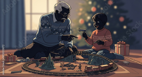Elderly grandfather and young grandson playing with a toy train set.