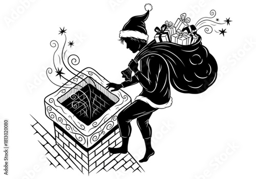 Black and white silhouette illustration of Santa Claus on a rooftop.