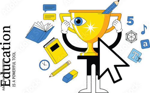 Celebrating the power of education to drive success, featuring a triumphant character surrounded by diverse academic and digital learning tools