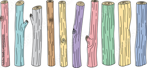 Colorful Painted Wooden Sticks Arrayed in Line on White Background