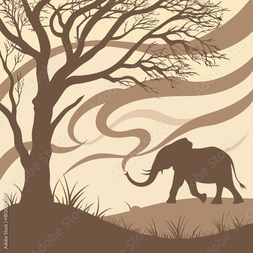 Silhouette of an elephant walking under a bare tree in sepia tones Keywords: elephant, savanna