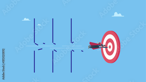 Businessman fly through obstacle to reach target. Overcome difficulty or challenge to success, obstacle or problem to solve and achieve target, determination or breakthrough barrier.