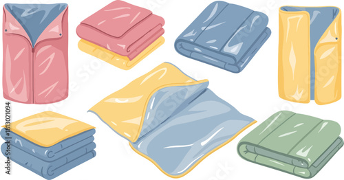 Colorful Folded and Open Bed Sheets in Various Colors for Bedding and Linens
