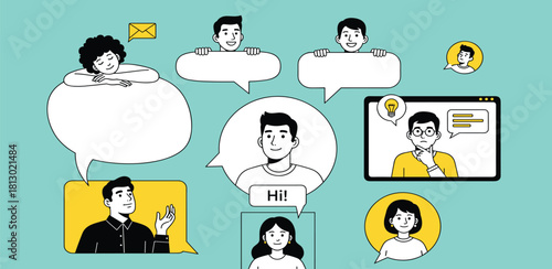 Virtual Communication People Connecting with Chat Bubbles & Video Conferencing