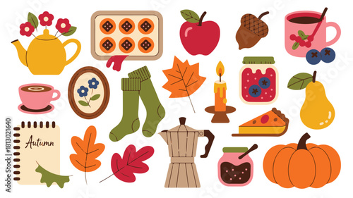 Autumn Harvest and Cozy Items Illustration Keywords: autumn, fall, harvest, cozy, illustration