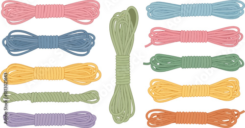 Colorful Bundles of Shoelaces in Various Colors on White Background