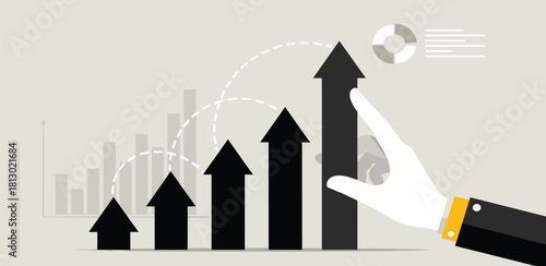 Professional illustration of a hand guiding an upward trending bar graph, symbolizing strategic business growth, financial success, and data-driven progress for market achievement