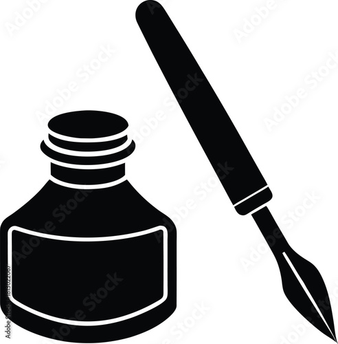 Classic dip pen and ink bottle icon for writing and calligraphy