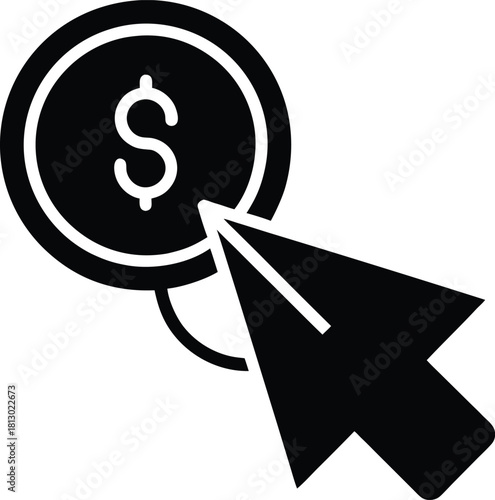 Mouse pointer clicking on a coin representing pay per click advertising and online earnings