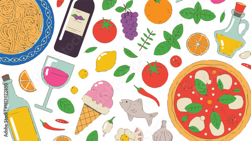 Colorful Italian Food And Drink Assortment pizza pasta