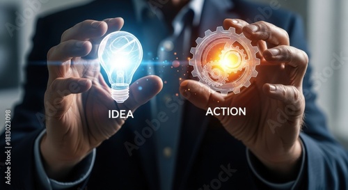 Businessman holding a glowing light bulb representing an idea and a gear representing action