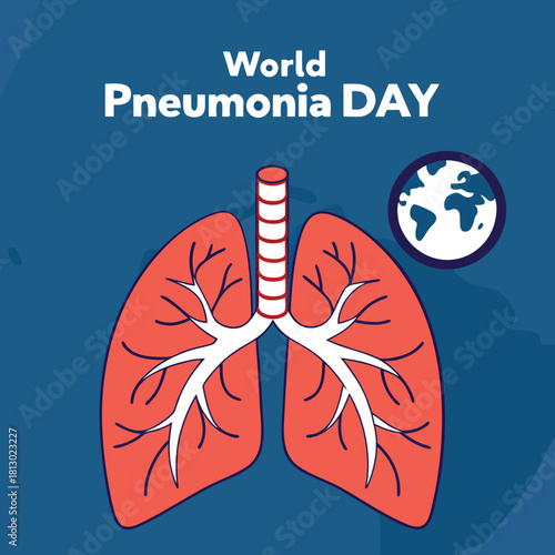 Blue Health-Themed Pneumonia Awareness Design Featuring Red Bronchi Lungs.