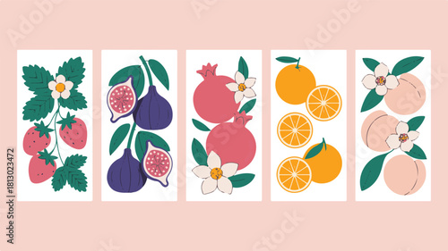 Five Panels of Stylized Fruits and Berries figs pomegranates