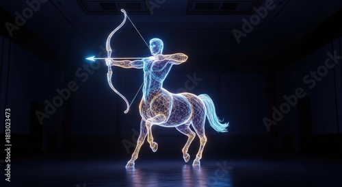 Glowing neon centaur archer constellation symbol on dark background