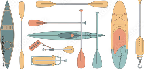 Collection of Kayaks and Paddles in Bright Colors on White Background