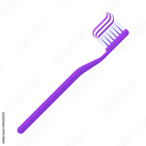 Purple toothbrush with toothpaste on bristles. Dental hygiene, oral care, morning routine, and health concepts. Flat vector illustration isolated on white background	
