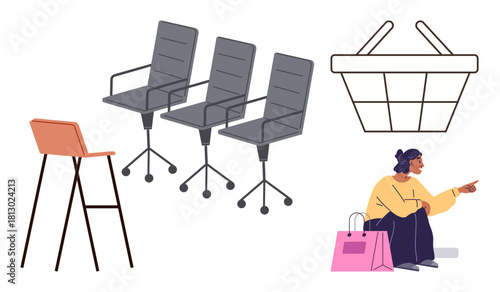 Office chair lineup, tall stool, empty basket outline, woman pointing with shopping bags. Ideal for retail, workplace setup, shopping trends, customer service, modern furniture consumer behavior