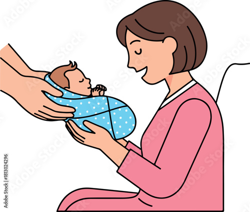 A smiling woman in pink holding a swaddled newborn baby from another person's hands in a 2D vector illustration with a soft, pastel color palette and a heartwarming mood on a clean white
