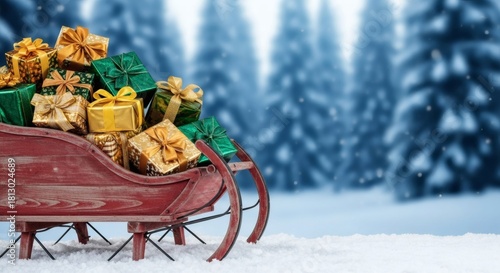 Vintage red sleigh with gifts on snow and forest background.