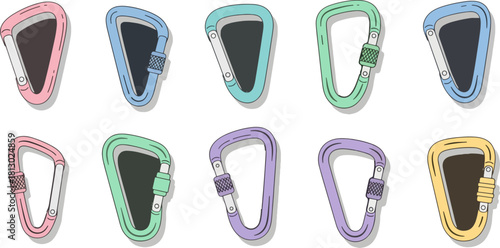 Colorful Carabiners Array in Pastel Shades on White Background