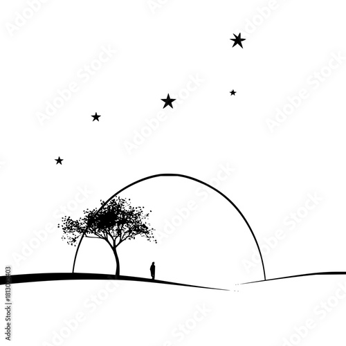 Silhouette of a person standing near a tree under the stars at night landscape scene
