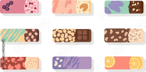 Set of Nine Colorful Assorted Chocolate Bar Icons with Fruit and Nut Toppings