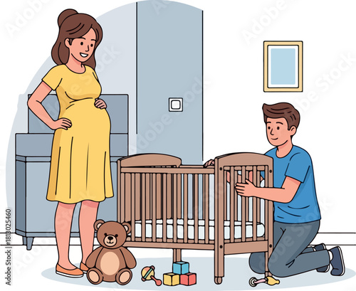 A 2D vector illustration of a pregnant woman standing beside a crib while a man kneels and assembles it in a nursery with a teddy bear and toys, conveying a joyful and anticipatory mood.