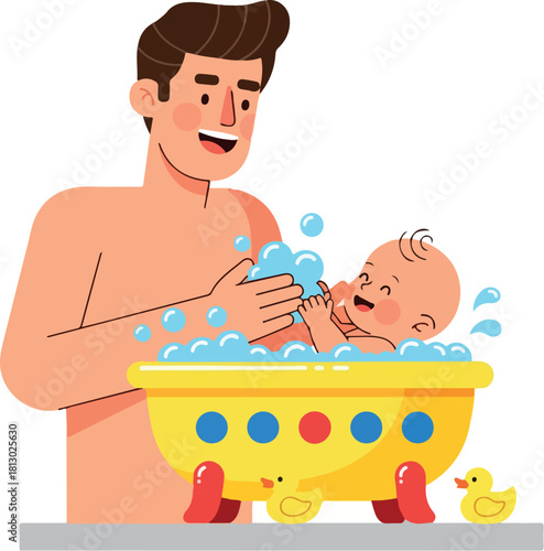 A cheerful man giving a 2d vector baby a bath in a yellow tub with colorful bubbles and rubber ducks, creating a playful and innocent scene.