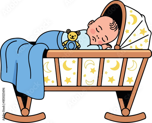 A 2D vector illustration of a peaceful pregnant woman's baby sleeping in a crib with a teddy bear on a starry moon patterned sheet.