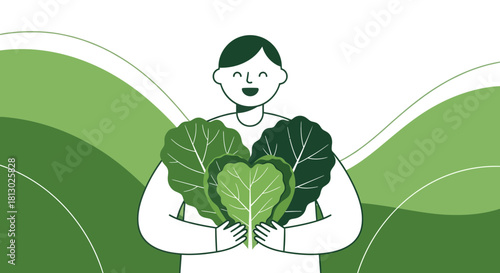 Joyful Person Embraces Fresh Green Harvest in Graphic Illustration Style