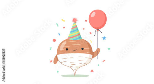 Joyful Celebration: A Whimsical Animated Turnip With Party Hat and Balloon