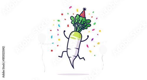 Joyful Celebration: Animated Radish Character Enjoying Colorful Confetti and Festivities