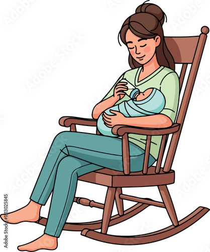 A 2D vector illustration of a pregnant woman sitting in a rocking chair cradling a baby, with a soothing and serene atmosphere against a clean white background.