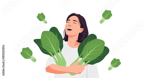 Joyful Person Embraces Fresh Produce Healthy Eating and Natural Wellbeing Illustrated