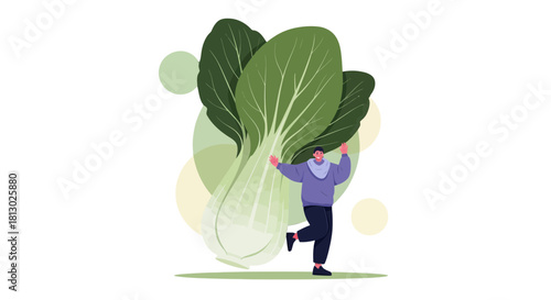 Joyful Person Embraces Immense Bok Choy Fresh From Harvest With Black Background