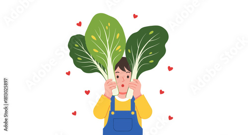 Joyful Person Embracing Vegetables with Hearts on a Black Background Illustration